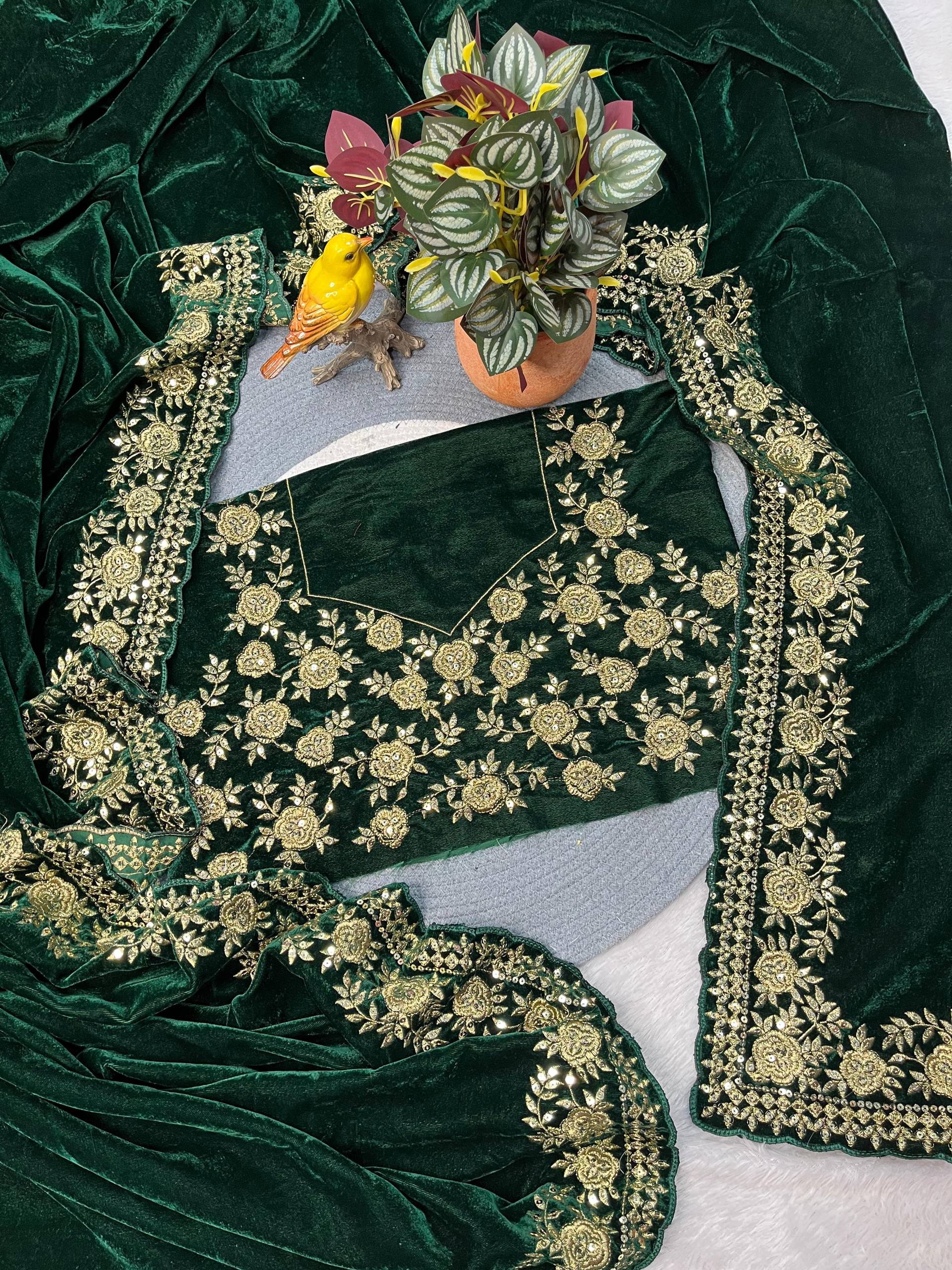 Embroidered Velvet Saree for Winter Festive & Wedding Wear