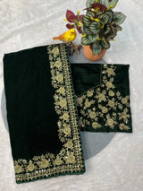 Embroidered Velvet Saree for Winter Festive & Wedding Wear