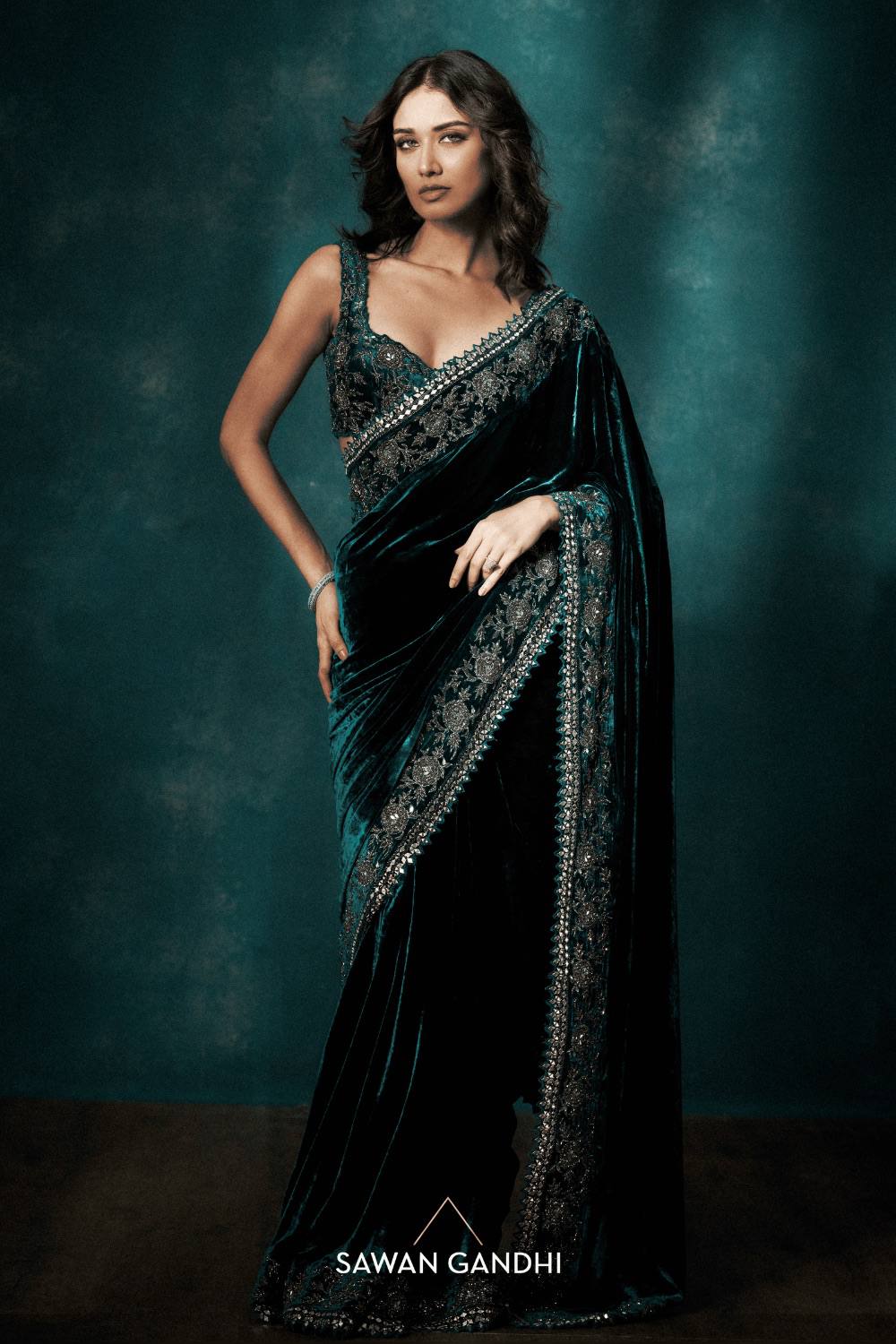Embroidered Velvet Saree for Winter Festive & Wedding Wear