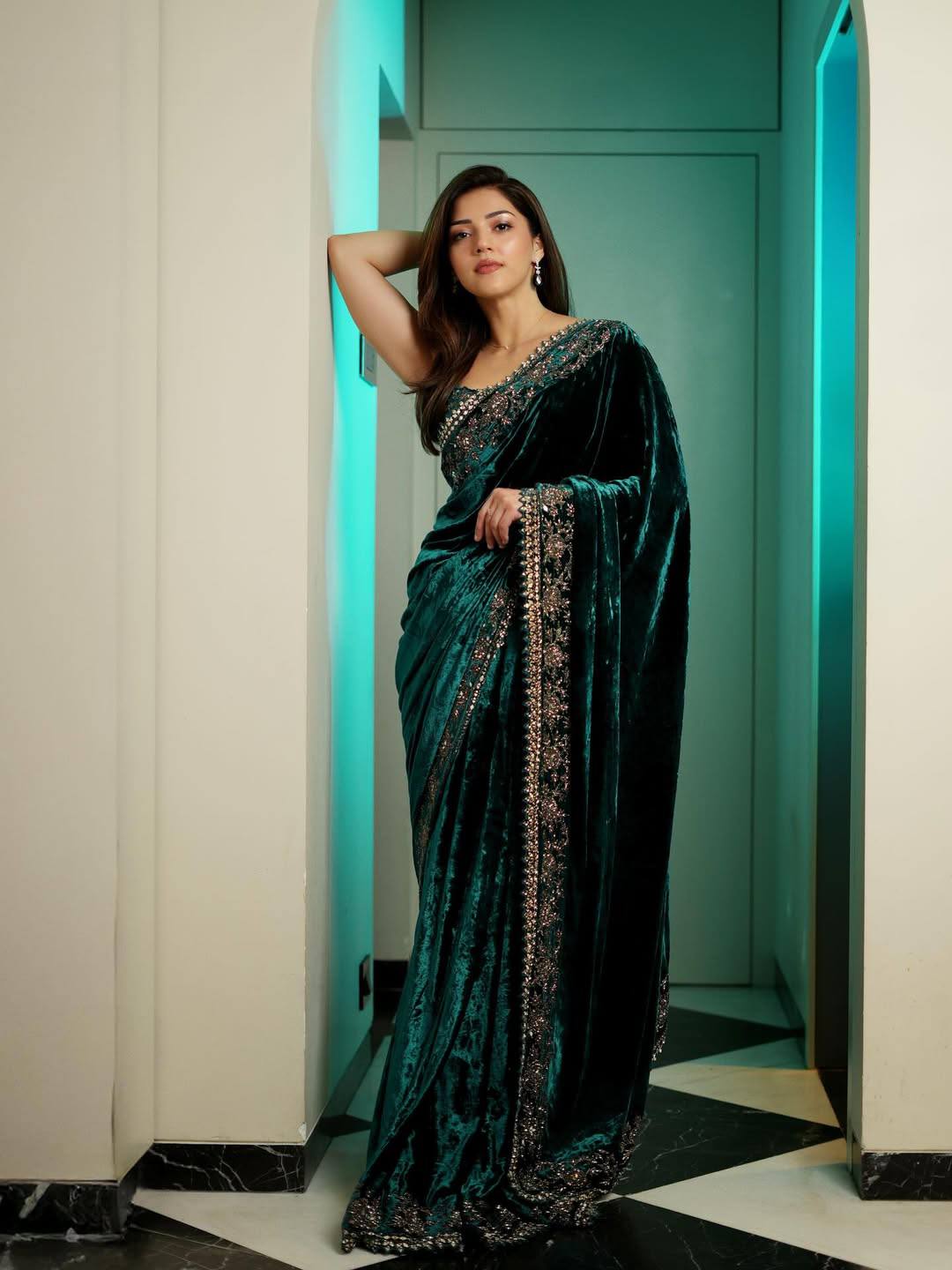 Embroidered Velvet Saree for Winter Festive & Wedding Wear