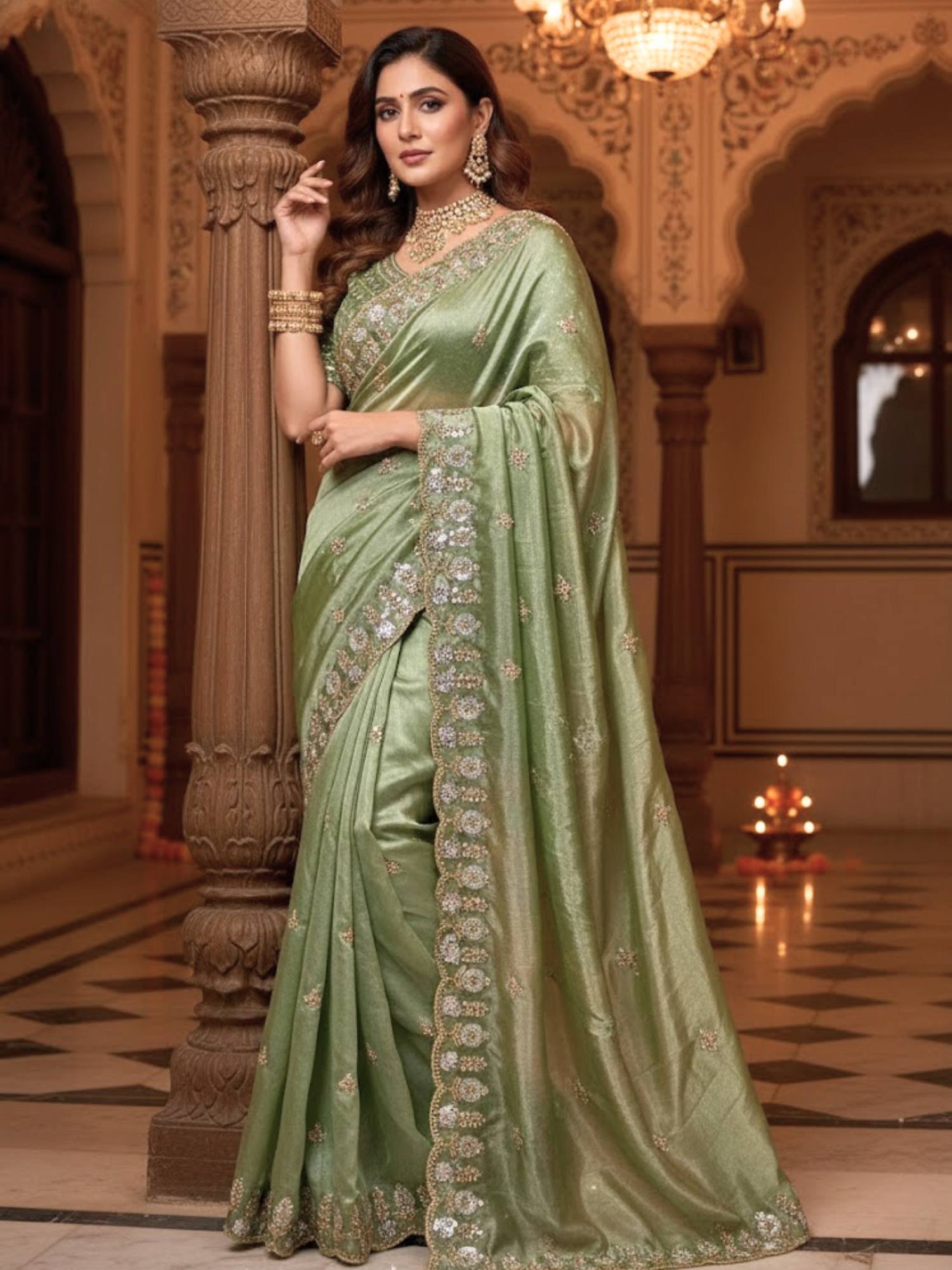 Women Embroidered Satin Silk Saree with Unstitched Blouse