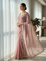 Women Embroidered Satin Silk Saree with Unstitched Blouse