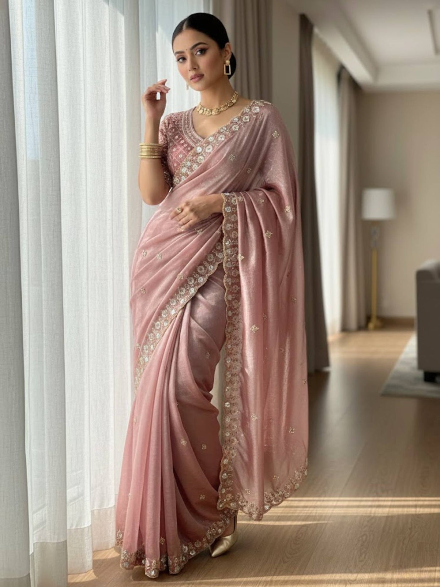 Women Embroidered Satin Silk Saree with Unstitched Blouse