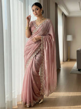 Women Embroidered Satin Silk Saree with Unstitched Blouse