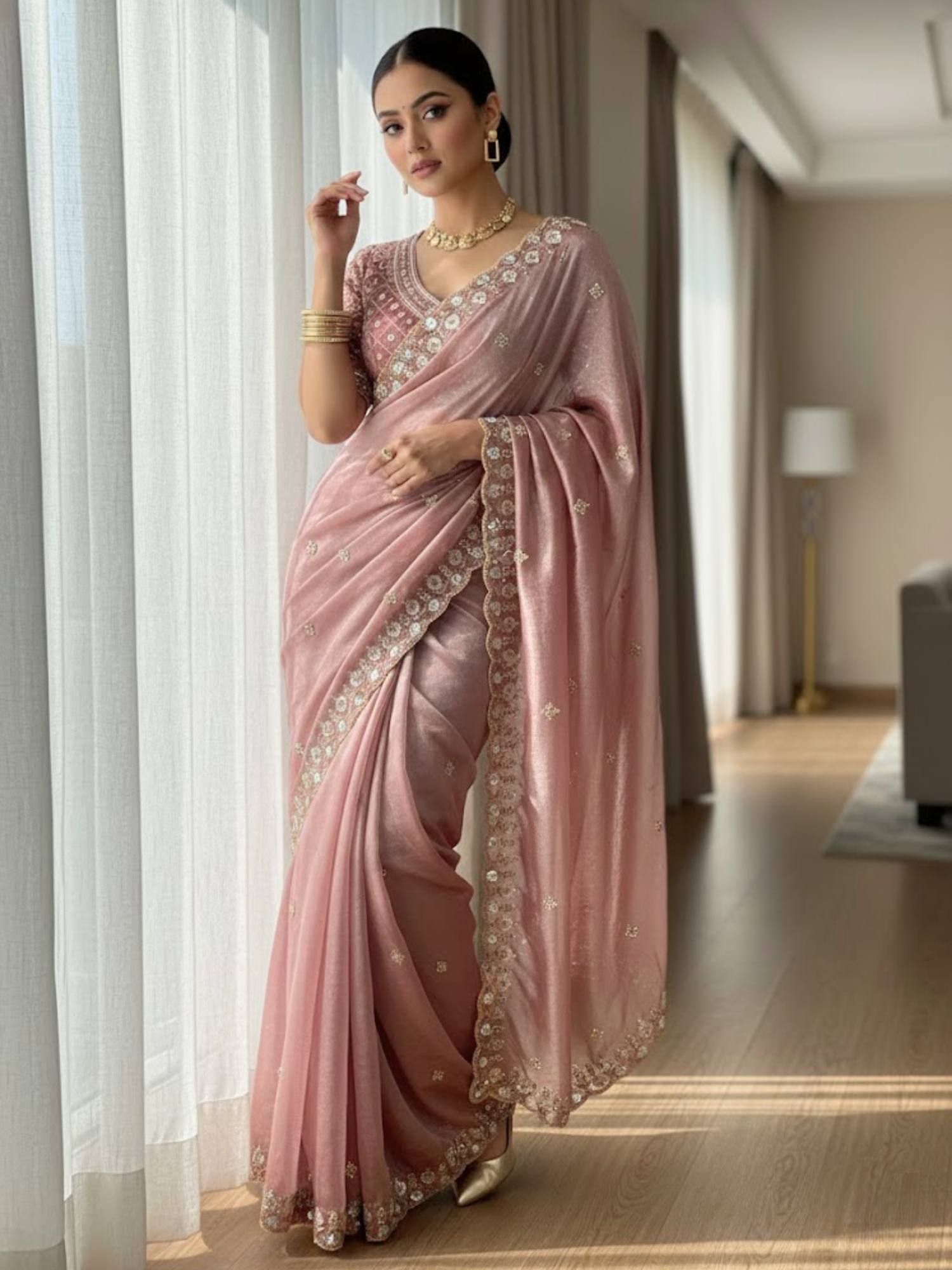 Women Embroidered Satin Silk Saree with Unstitched Blouse