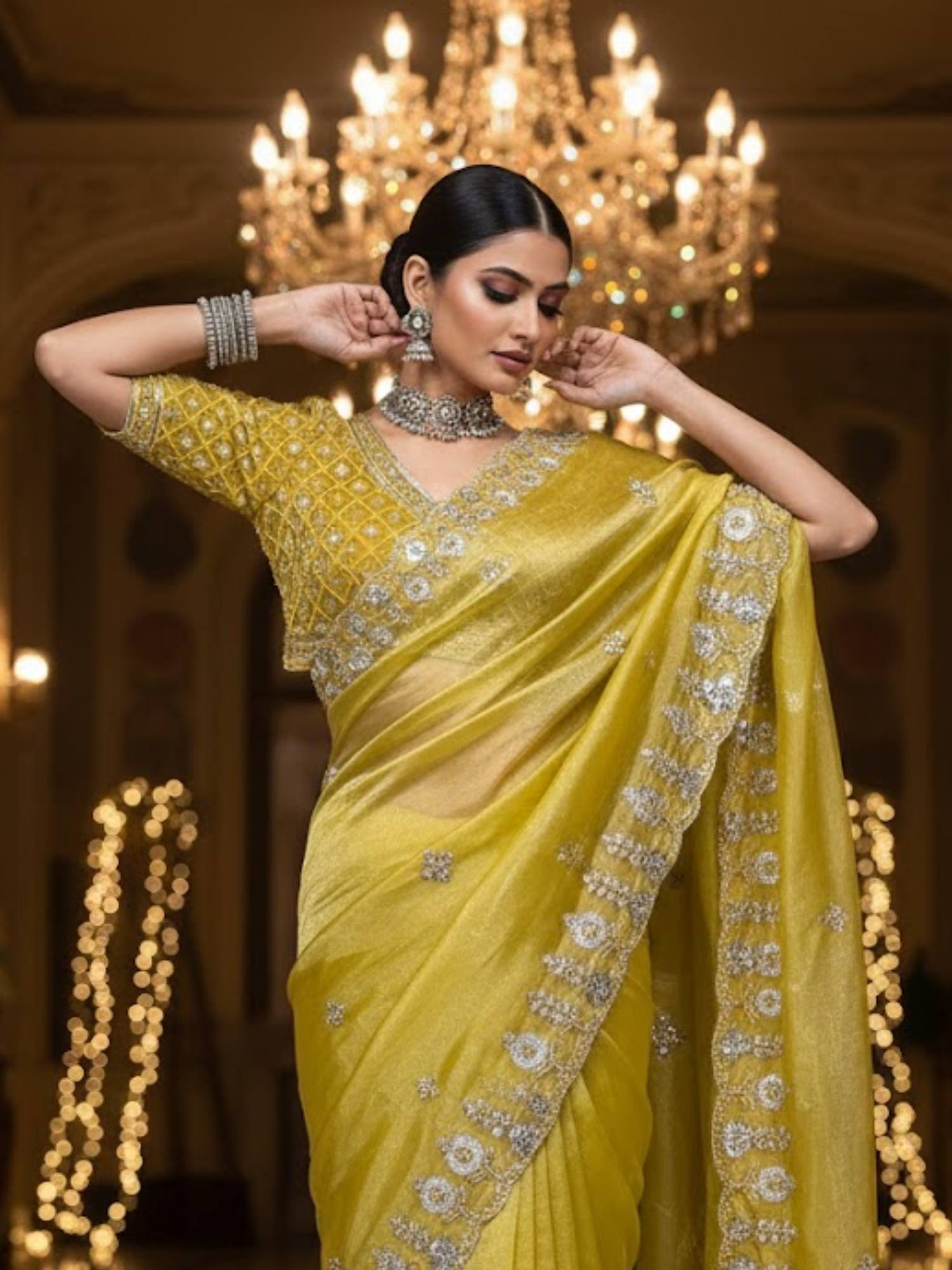 Women Embroidered Satin Silk Saree with Unstitched Blouse