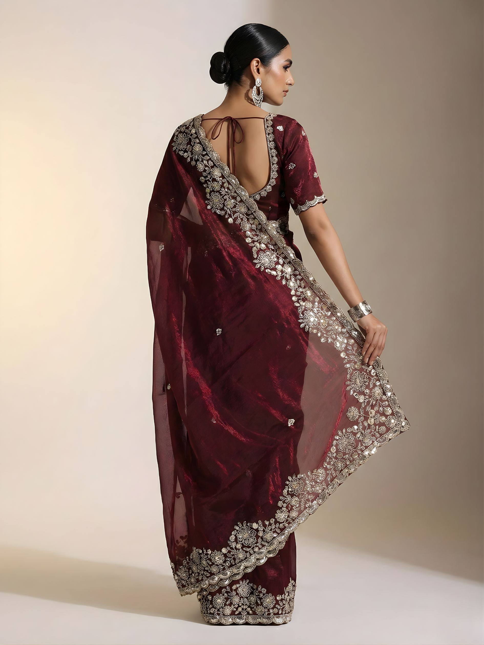 Women Embroidered Satin Silk Saree with Unstitched Blouse