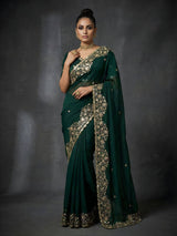 Women Embroidered Satin Silk Saree with Unstitched Blouse