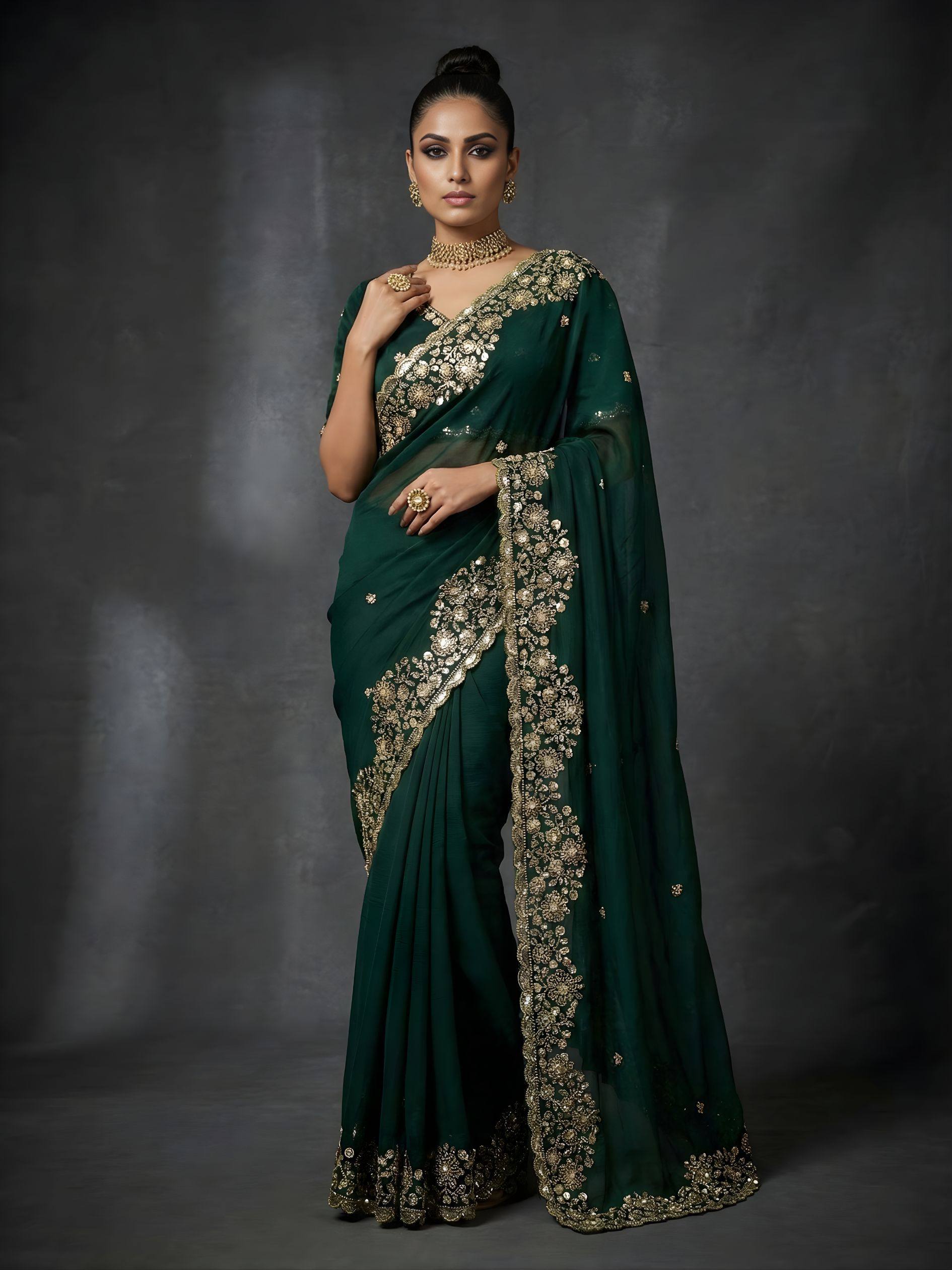 Women Embroidered Satin Silk Saree with Unstitched Blouse