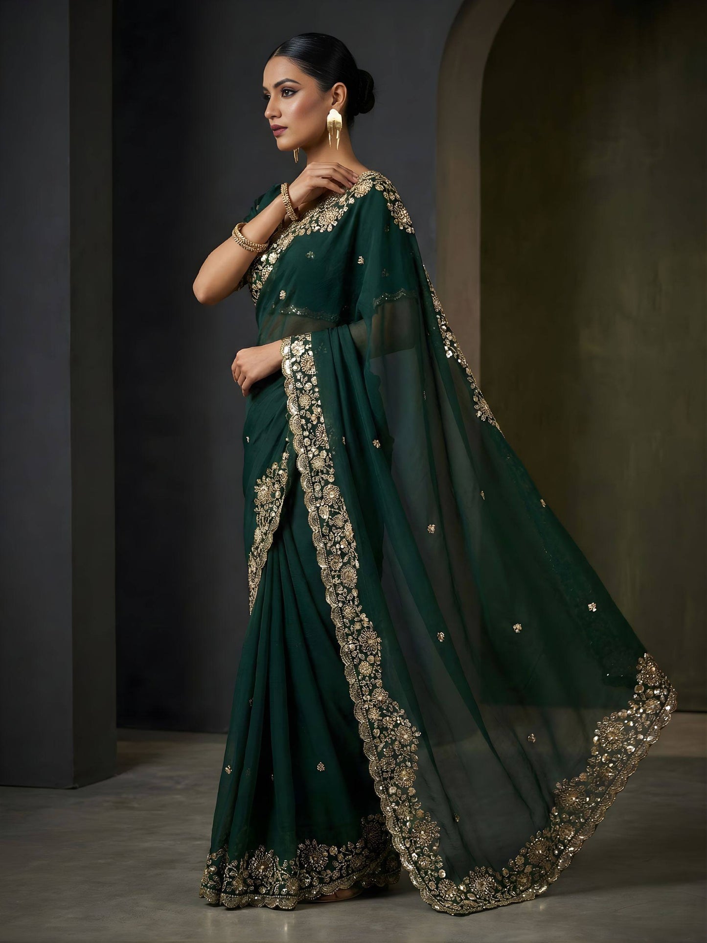 Women Embroidered Satin Silk Saree with Unstitched Blouse