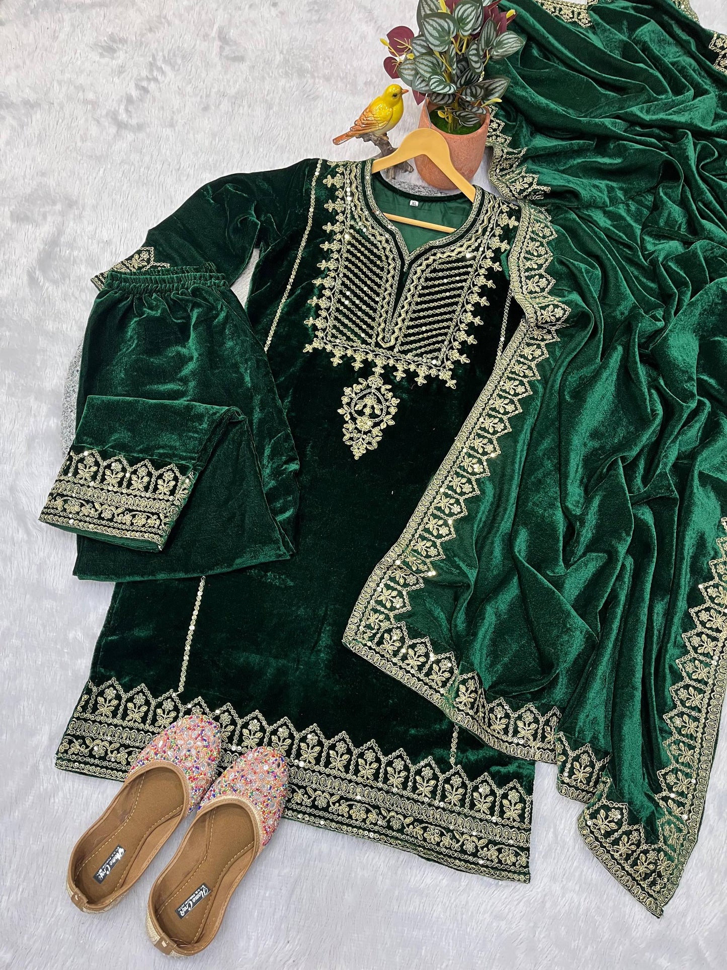 Designer 3 Piece Velvet Suit Set with Embroidered Top, Bottom & Dupatta