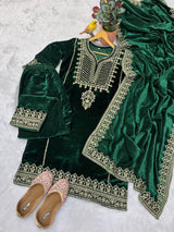 Designer 3 Piece Velvet Suit Set with Embroidered Top, Bottom & Dupatta