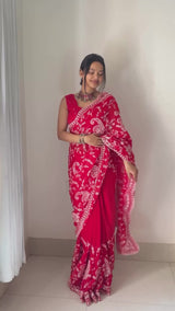 Beautiful Designer Bollywood Fandy Satin Silk Saree with Sequins & Malti Thread Embroidery