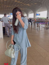 Light Blue Cotton Jacquard Self-Design Shirt Co-ord Set for Women