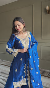 Designer Fendi Satin 3 Piece Suit Set with Embroidery Work & Lace Border (Top, Plazo & Dupatta)