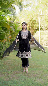 Women Designer 3 Piece Velvet Suit Set with Embellished Top, Velvet Bottom & Faux Georgette Dupatta