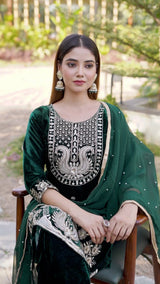 Women Designer 3 Piece Velvet Suit Set with Embellished Top, Velvet Bottom & Faux Georgette Dupatta