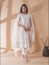 Beige Pure Cotton Ethnic Motif Anarkali Kurta Set for Women