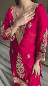 Designer Fendi Satin 3 Piece Suit Set with Embroidery Work & Lace Border (Top, Plazo & Dupatta)