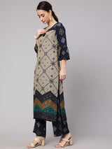 Navy Blue Printed Straight Kurta Set - Elganza