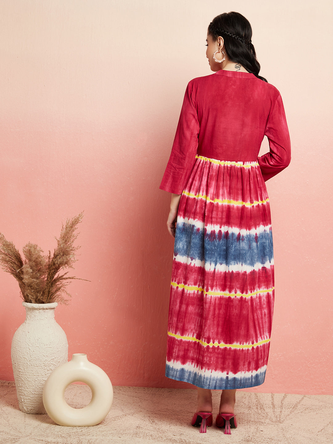 Maroon Tie & Dye Button Down Dress - Elganza