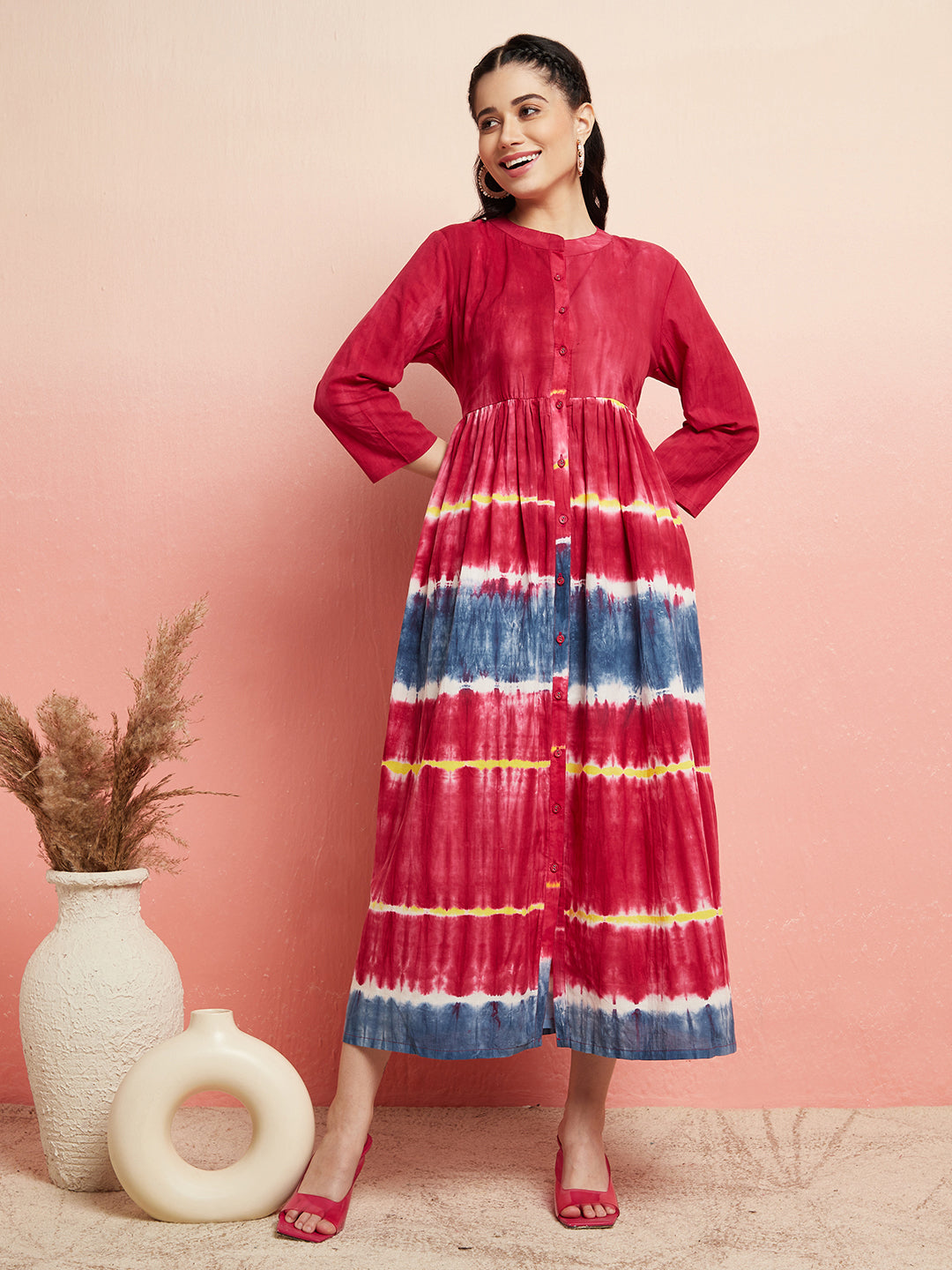 Maroon Tie & Dye Button Down Dress - Elganza