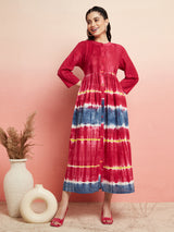 Maroon Tie & Dye Button Down Dress - Elganza