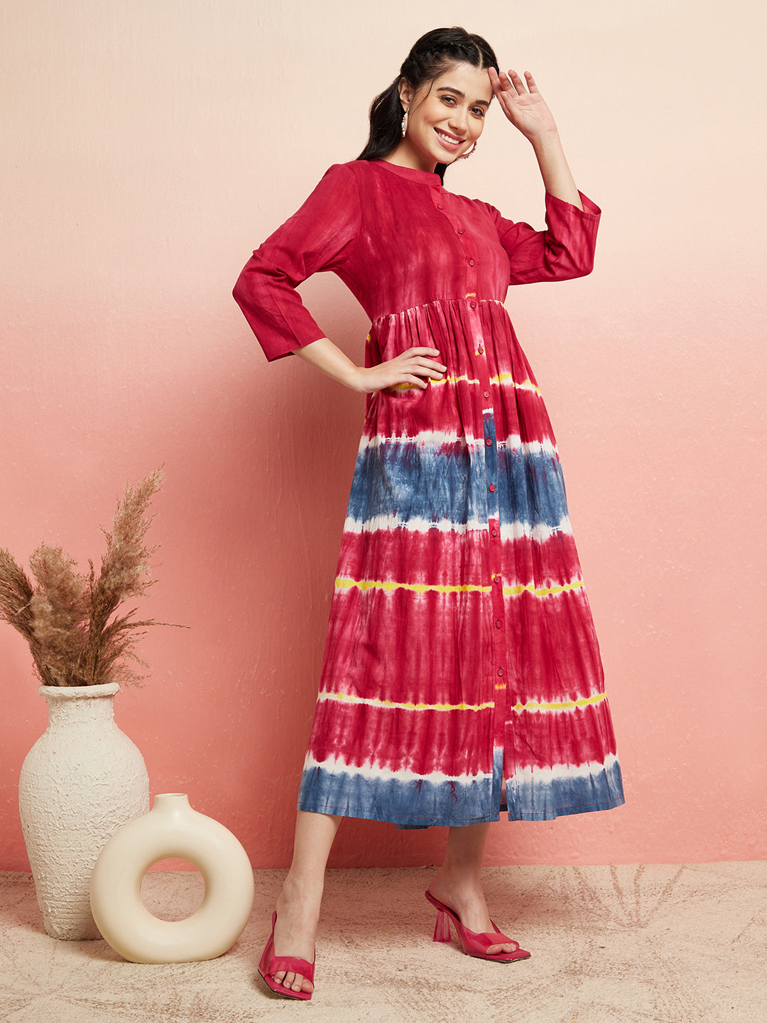 Maroon Tie & Dye Button Down Dress - Elganza