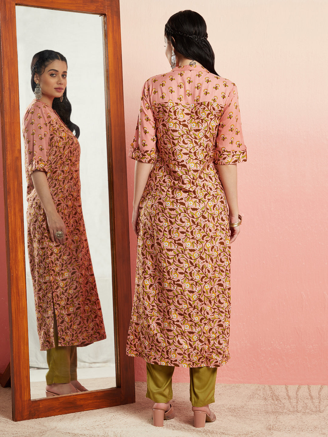 Light Brown Printed Straight Kurta - Elganza