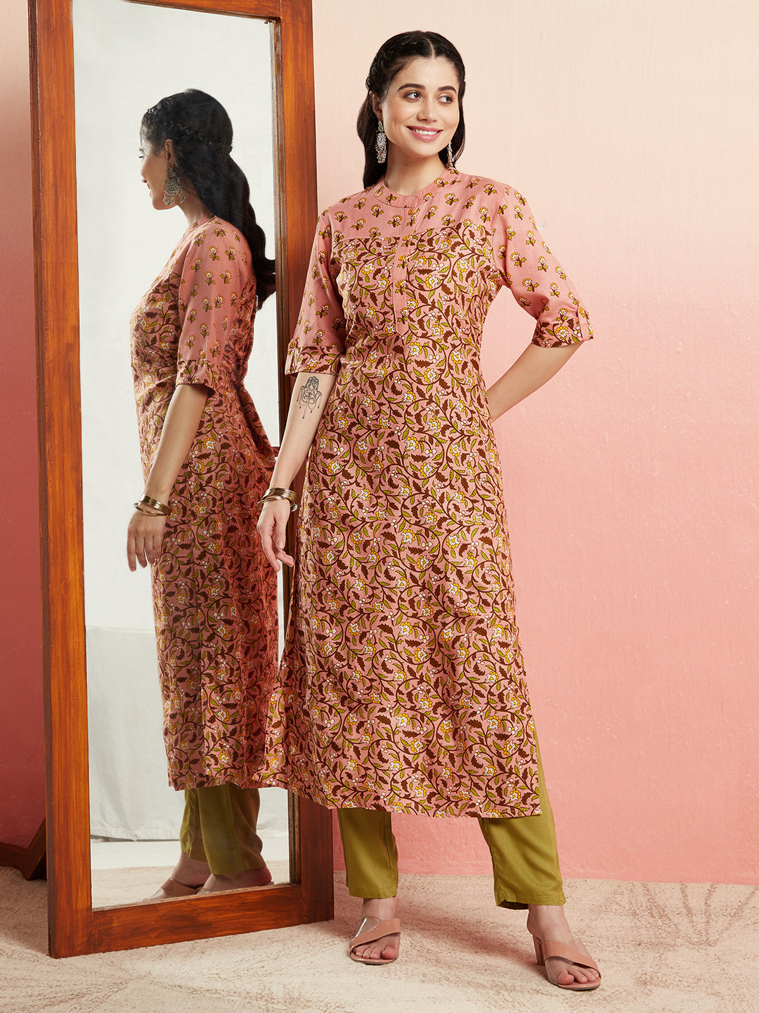 Light Brown Printed Straight Kurta - Elganza