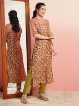 Light Brown Printed Straight Kurta - Elganza