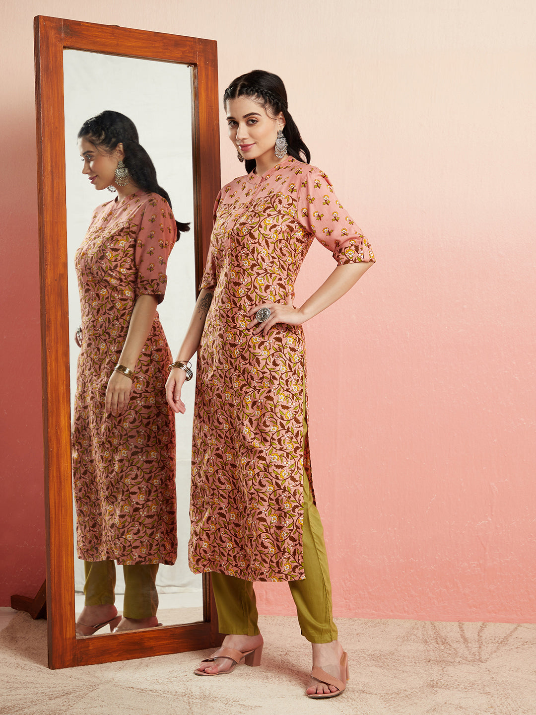 Light Brown Printed Straight Kurta - Elganza