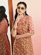Light Brown Printed Straight Kurta - Elganza