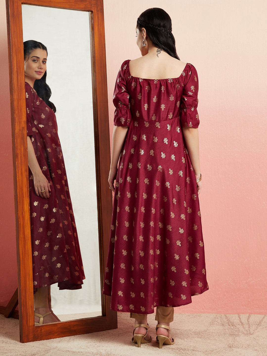 Maroon Gold Foil Print Anarkali - Elganza