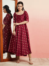 Maroon Gold Foil Print Anarkali - Elganza