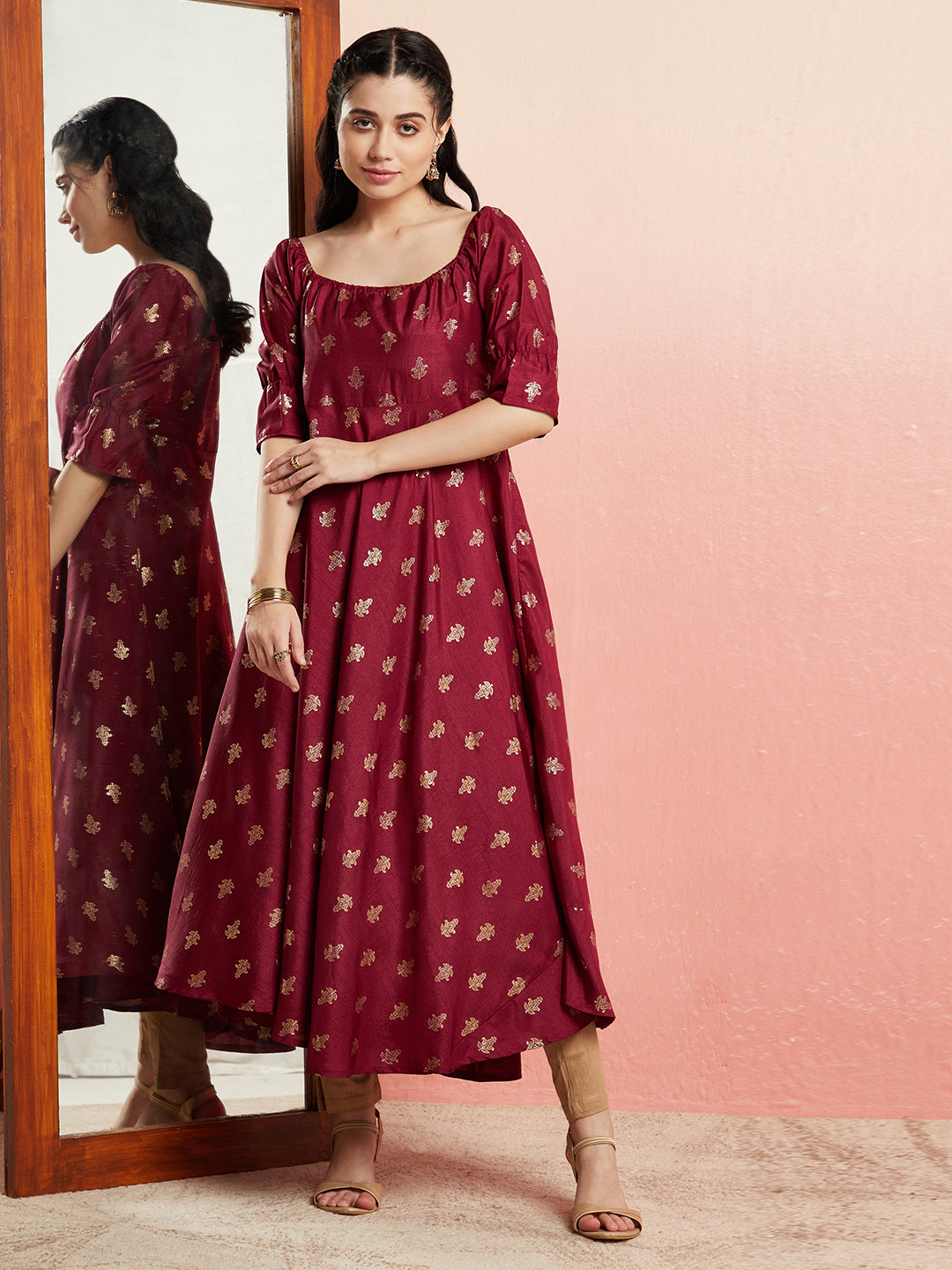 Maroon Gold Foil Print Anarkali - Elganza