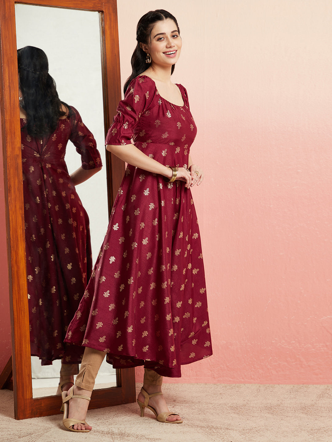 Maroon Gold Foil Print Anarkali - Elganza