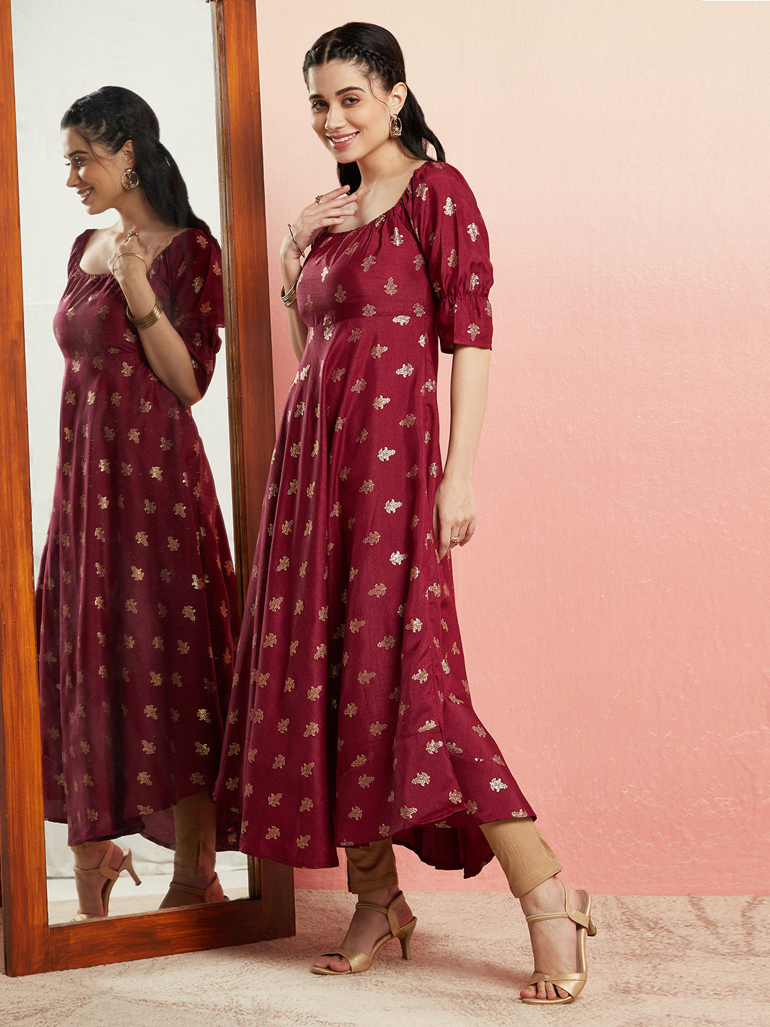 Maroon Gold Foil Print Anarkali - Elganza
