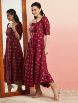 Maroon Gold Foil Print Anarkali - Elganza