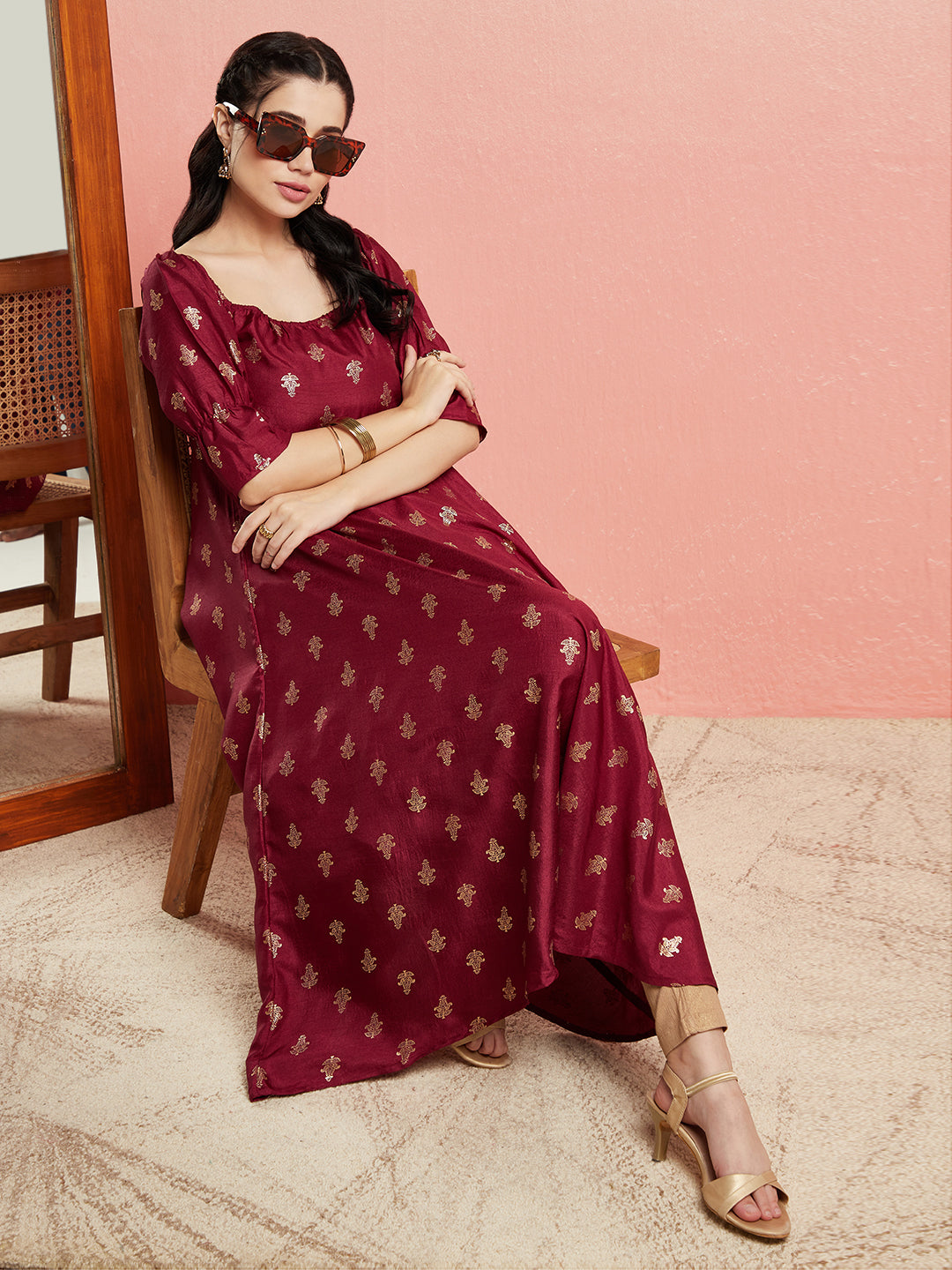 Maroon Gold Foil Print Anarkali - Elganza
