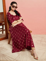 Maroon Gold Foil Print Anarkali - Elganza