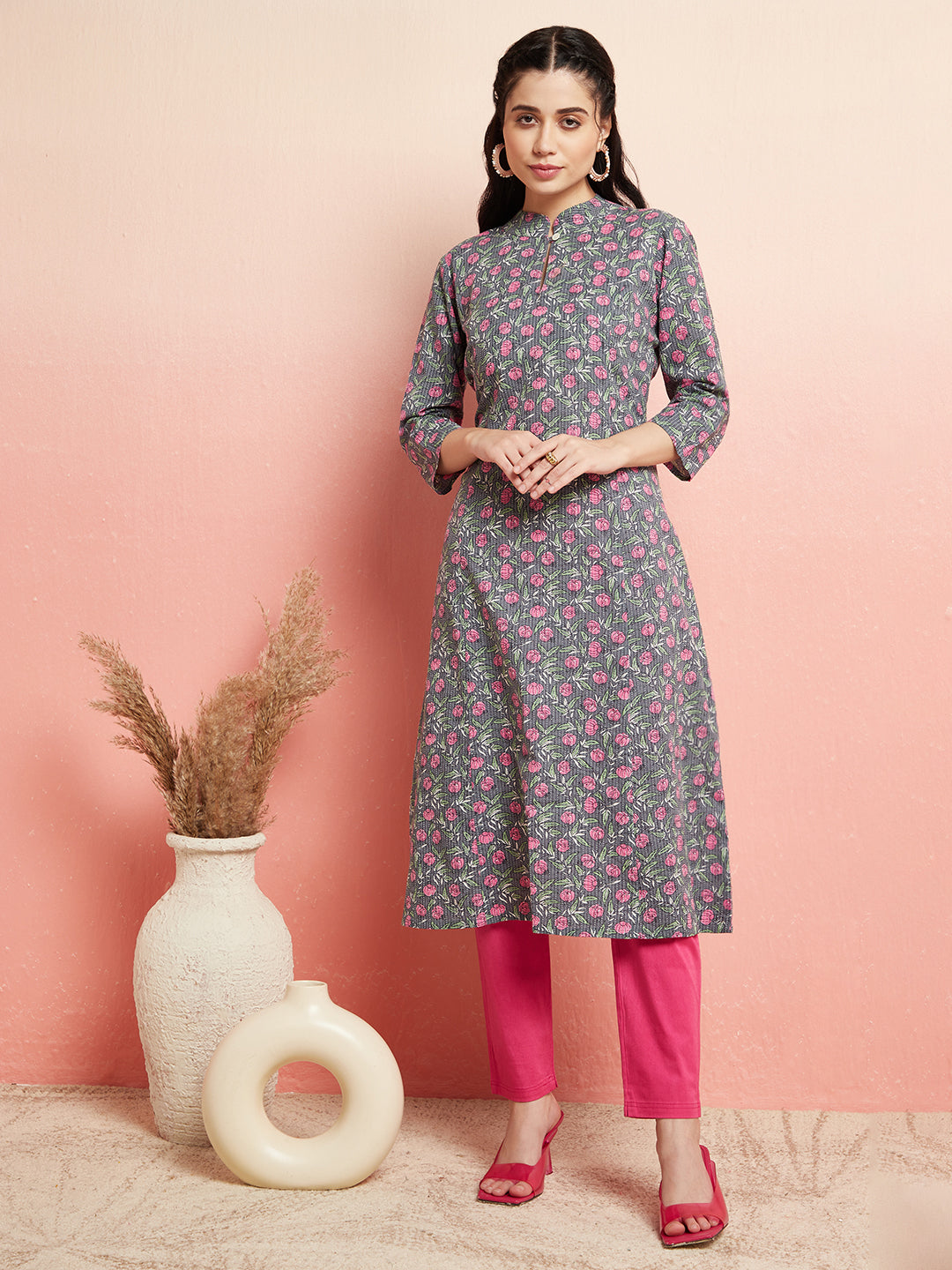 Grey Floral Print A-Line Kurta - Elganza
