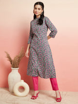 Grey Floral Print A-Line Kurta - Elganza