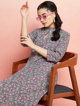 Grey Floral Print A-Line Kurta - Elganza