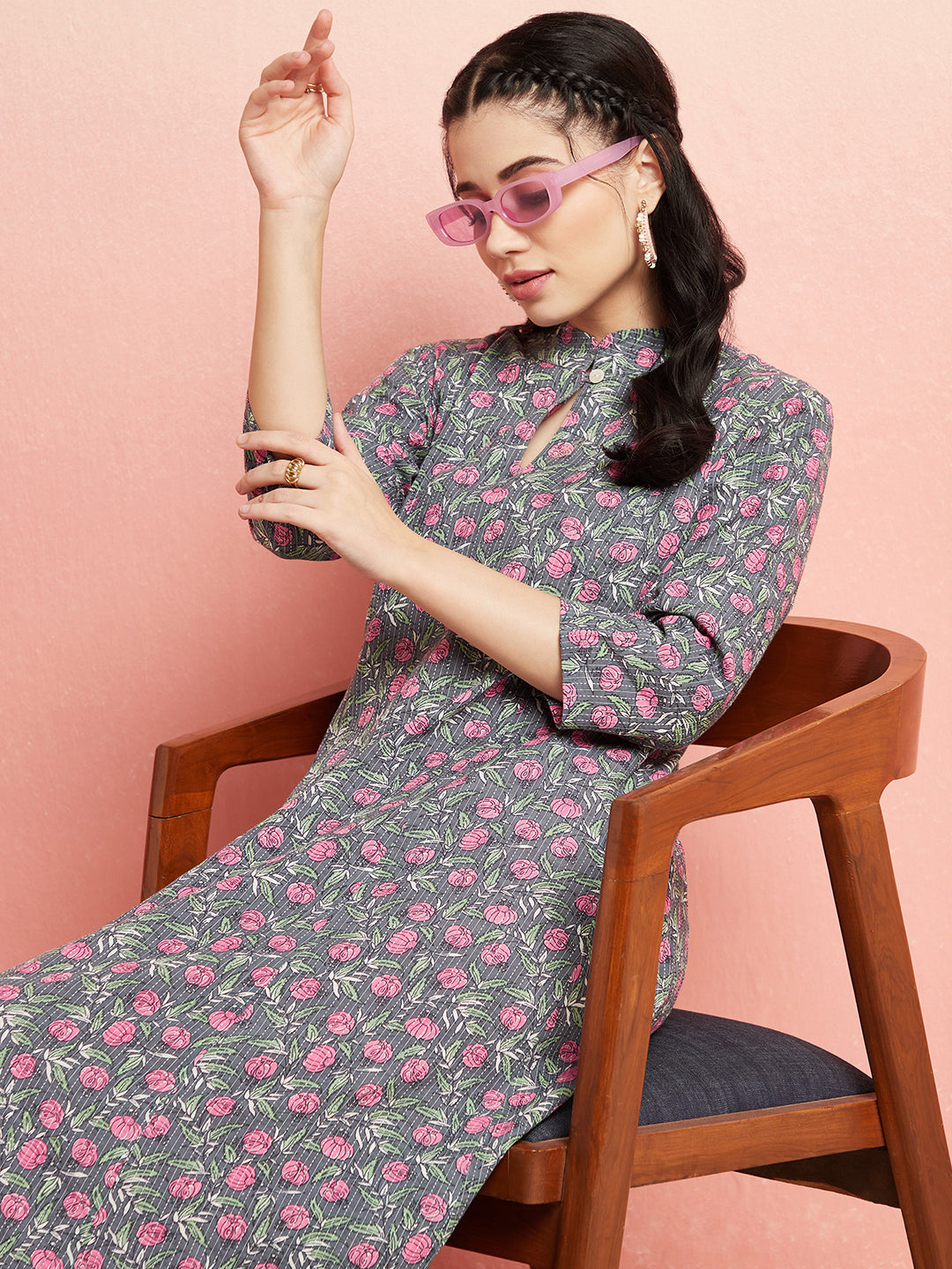 Grey Floral Print A-Line Kurta - Elganza