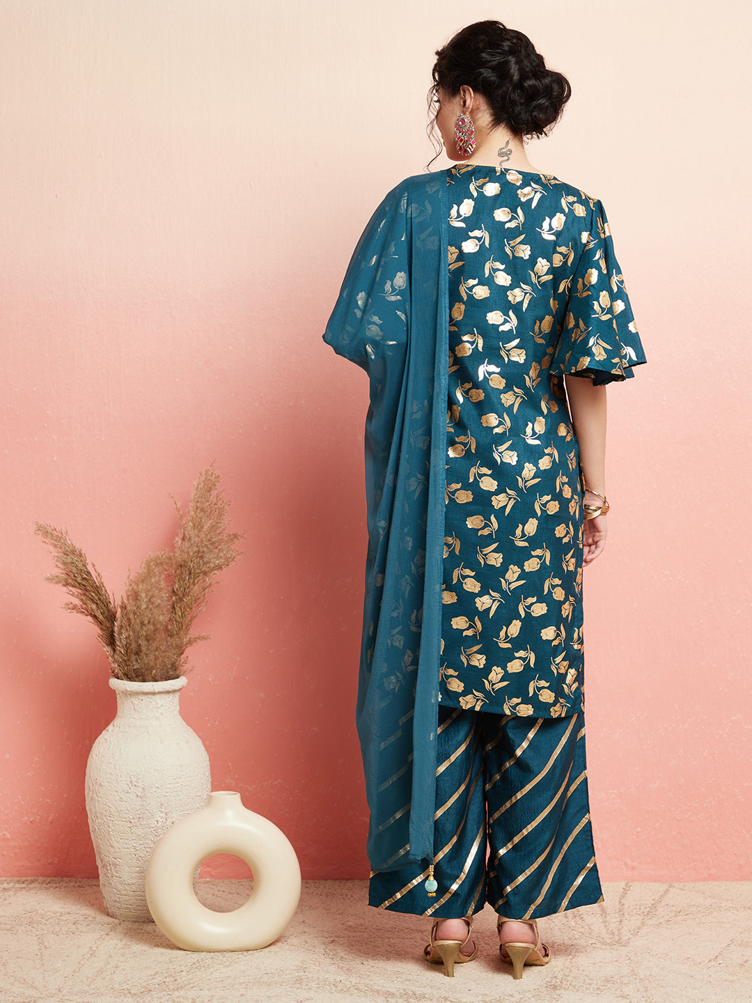 Blue Gold Foil Print Kurta Palazzo With Dupatta - Elganza