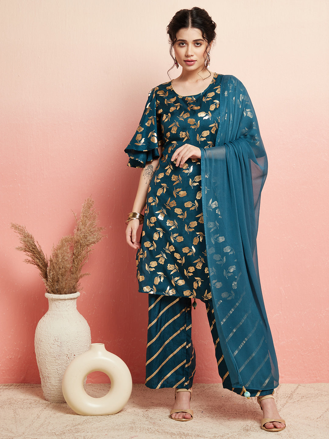 Blue Gold Foil Print Kurta Palazzo With Dupatta - Elganza