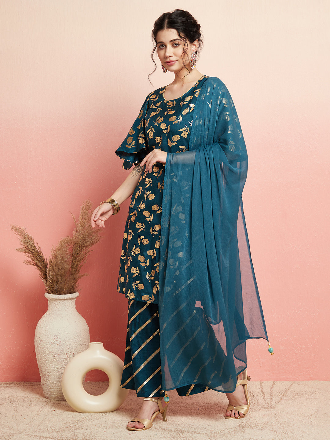 Blue Gold Foil Print Kurta Palazzo With Dupatta - Elganza