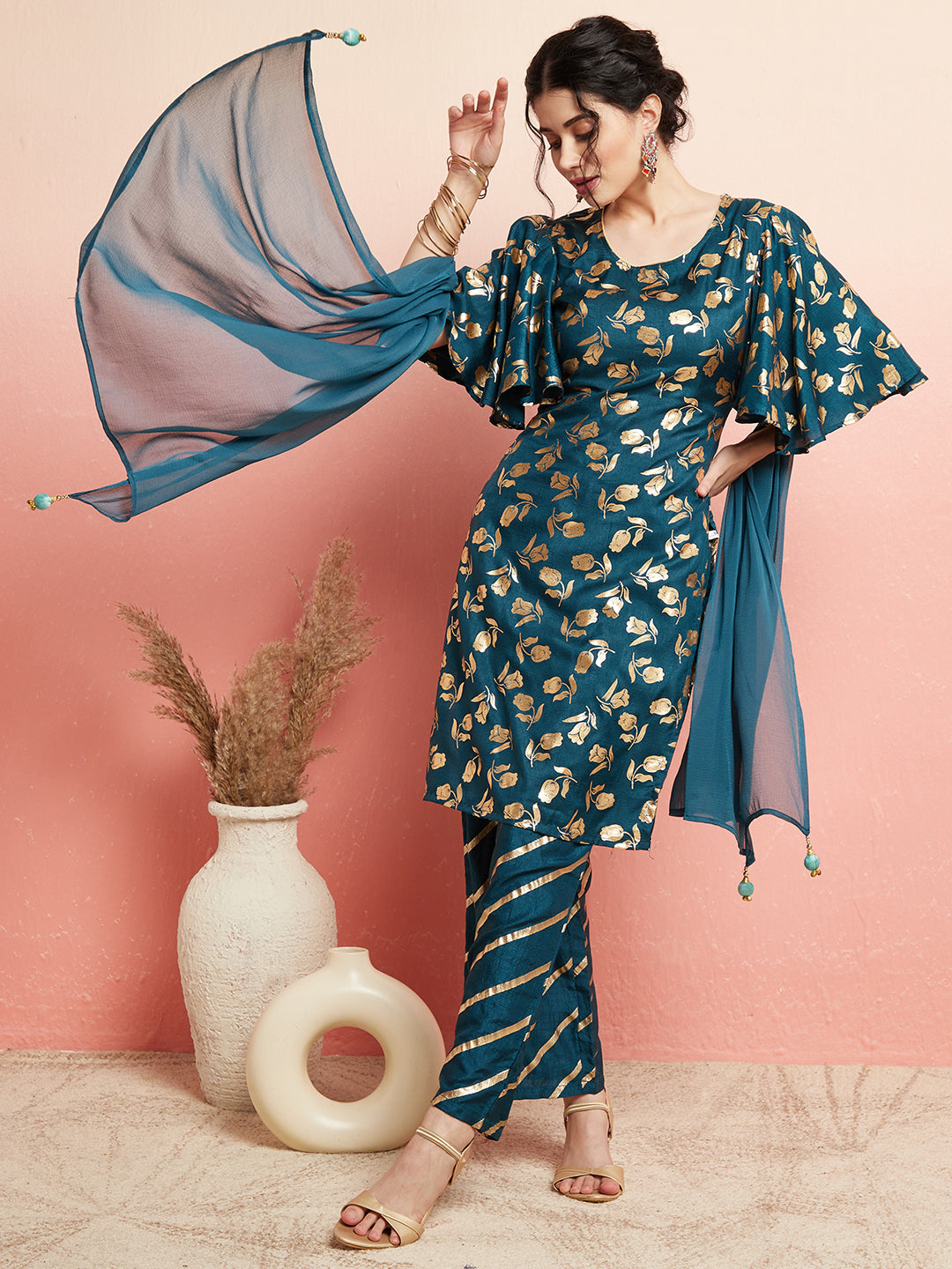 Blue Gold Foil Print Kurta Palazzo With Dupatta - Elganza