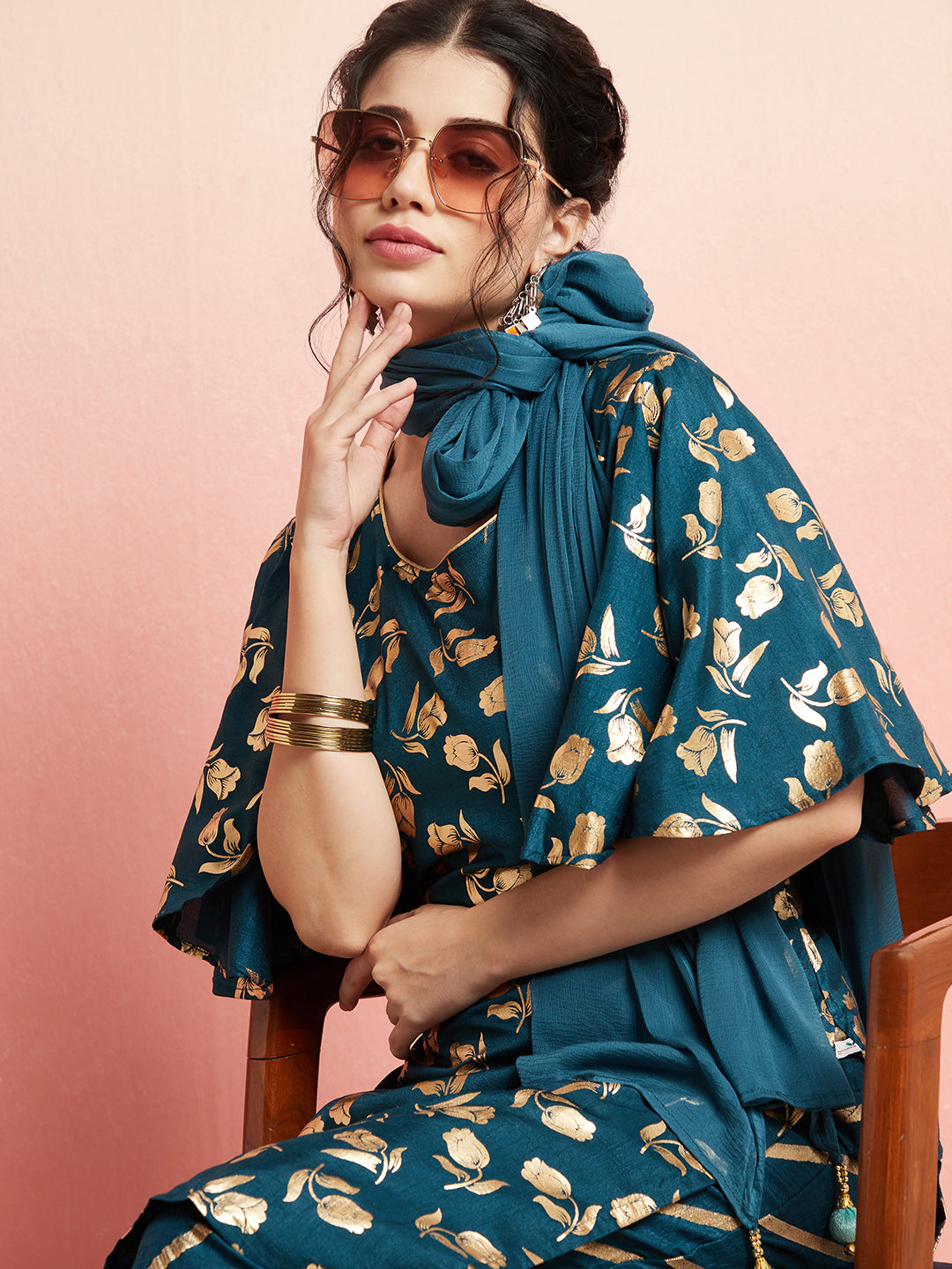 Blue Gold Foil Print Kurta Palazzo With Dupatta - Elganza